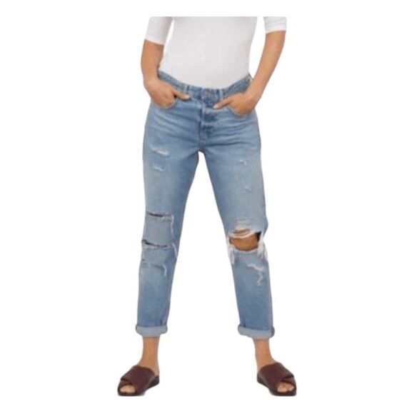 H&M &denim Boyfriend Jeans Blue Low Waist Ripped Denim Button Fly‎ Straight Leg - Picture 1 of 9
